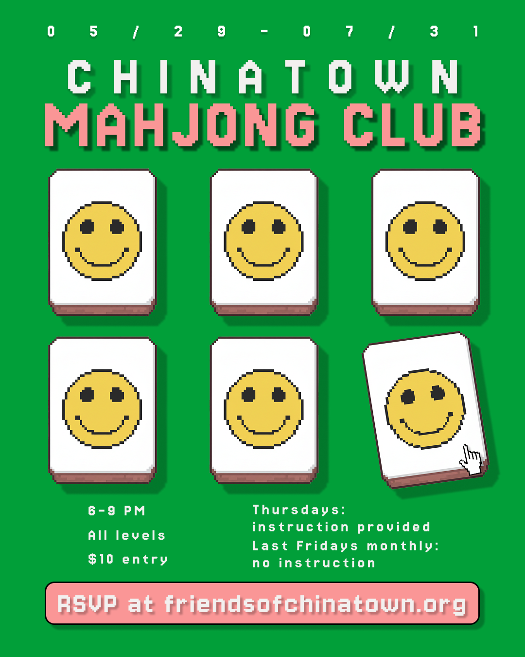 Chinatown Mahjong Club poster — smiley tiles on green